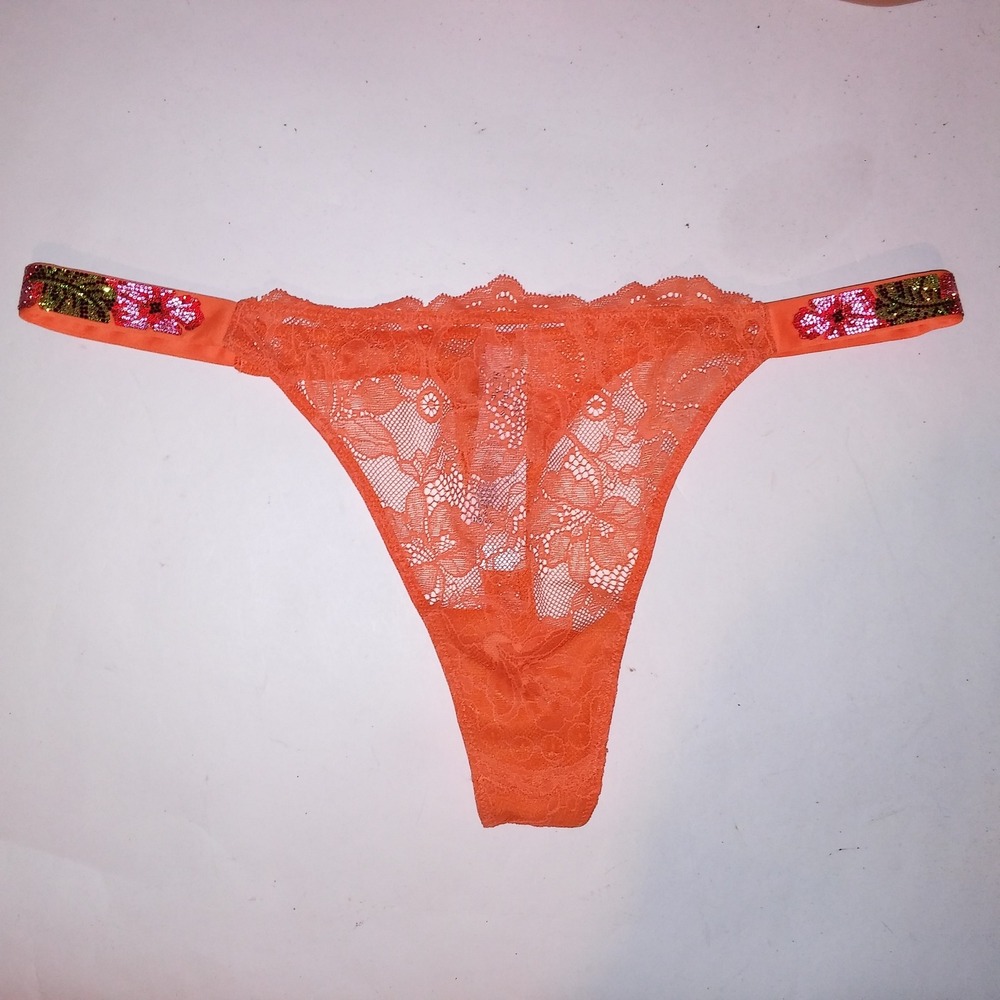 Victoria Secret Panty Large Thong Orange Hibiscus Lace Shine Strap Bling Newc